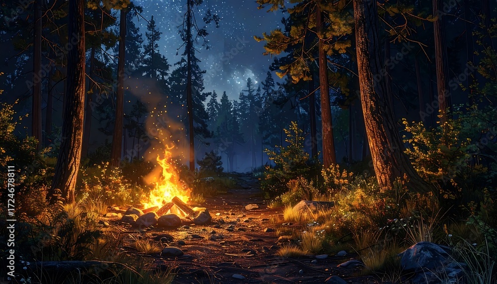 Fototapeta premium Campfire burning under stars