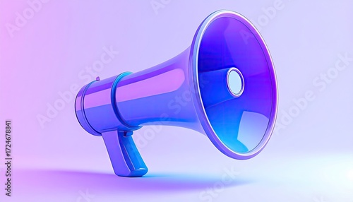 A vibrant purple megaphone, digitally rendered, angled left against a soft purple-pink gradient background