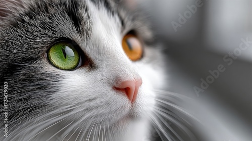 Close up Portrait of a White and Gray Cat with Heterochromia and a Pink Nose in Front of a Blurry Gray Background