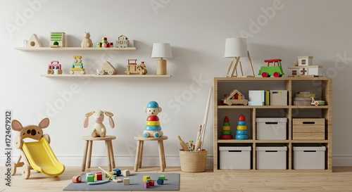 A childs room features wooden toys shelves stools  a storage unit creating a cozy playful space