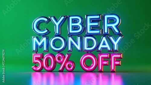 Exciting Cyber Monday sale with 50% off discount in vibrant neon lights