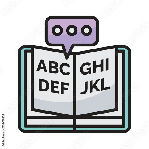 Open book with letters and speech bubble