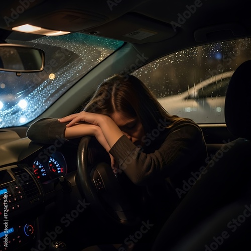 A woman sits slumped over the steering wheel of a car at night, her head in her hands, conveying a feeling of distress and exhaustion.