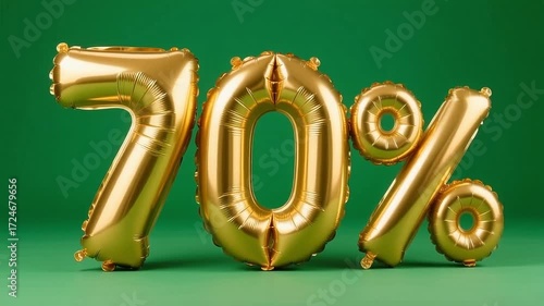 Shiny gold balloons spell out seventy percent against a vibrant green background, symbolizing a sale or discount.