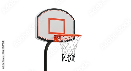 A basketball hoop with a white backboard orange rim  blackwhite net stands against a plain white backdrop