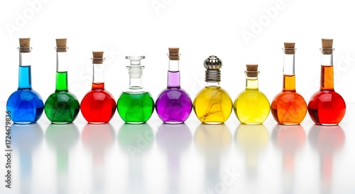 A colorful array of glass flasks filled with various liquids, displayed in a row against a white background.