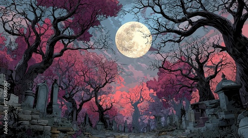 Full moon shines over a dark forest with pink foliage and stone structures.