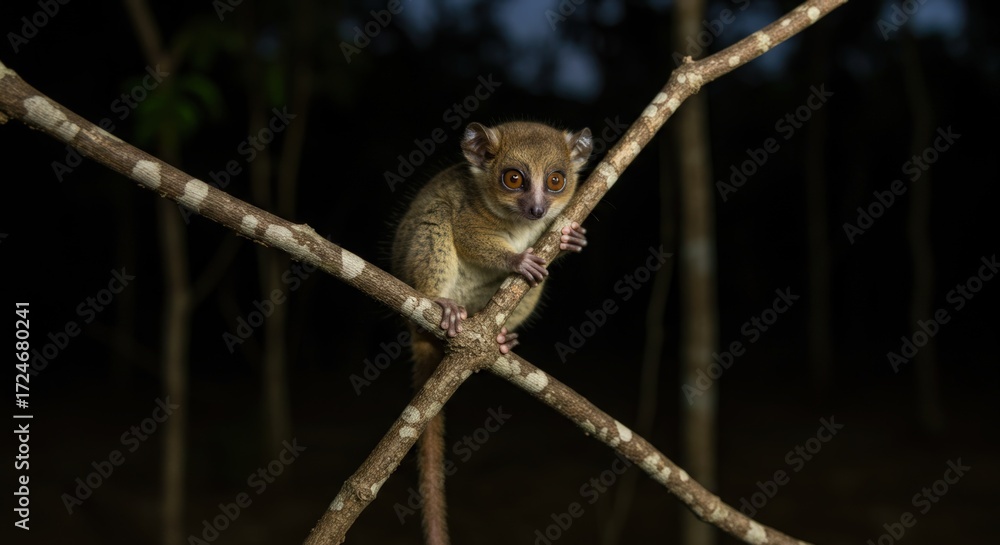 Obraz premium Small lemur on tree branches at night