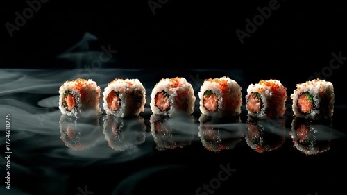 Six sushi rolls with salmon  roe toppings are lined up on a glossy black surface with wisps of smoke