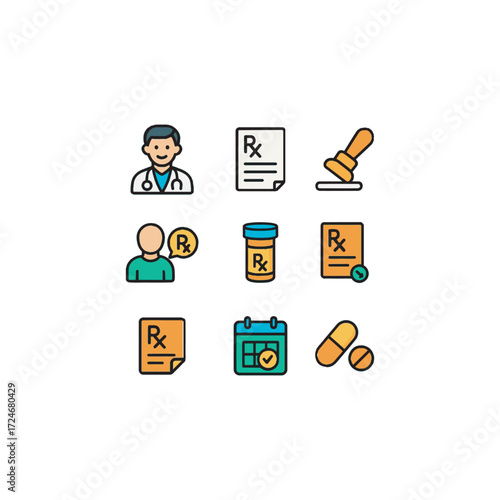 Cartoon-style pharmacy vector icons with bold outlines showing the prescription process � doctor note, pharmacist stamp, medication bag, patient consultation, and refill reminder