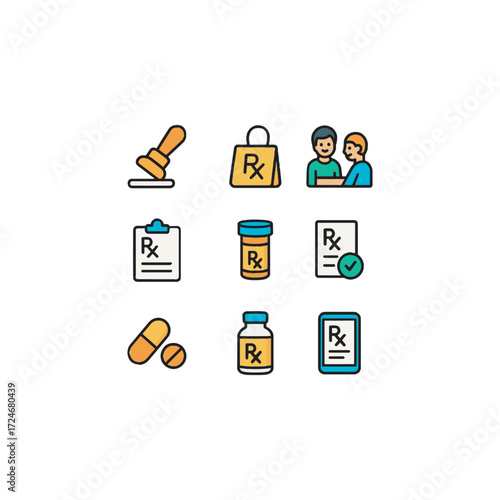 Cartoon-style pharmacy vector icons with bold outlines showing the prescription process � doctor note, pharmacist stamp, medication bag, patient consultation, and refill reminder