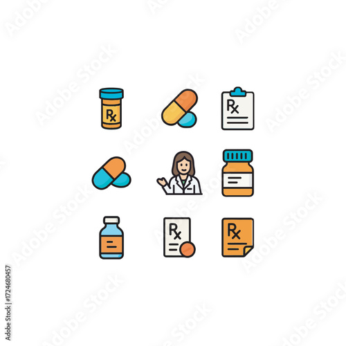 Cartoon-style pharmacy vector icons with bold outlines showing the prescription process � doctor note, pharmacist stamp, medication bag, patient consultation, and refill reminder