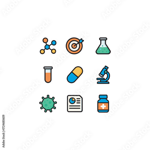 Playful cartoon vector icons with bold outlines for biotechnology and drug development � molecular structure, drug target, DNA strand, chemical flask, test tube, and trial report