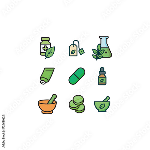 Bright vector cartoon icons with bold outlines for natural and herbal medicine � herbal capsule, green leaf, essential oil bottle, ginseng root, tea infusion, and flower extract