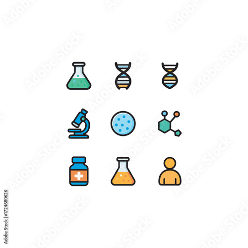 Playful cartoon vector icons with bold outlines for biotechnology and drug development � molecular structure, drug target, DNA strand, chemical flask, test tube, and trial report