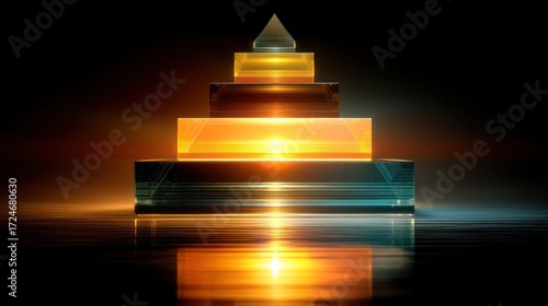 A tiered structure of translucent blocks, illuminated by an ethereal light source, creating a dynamic and futuristic composition.