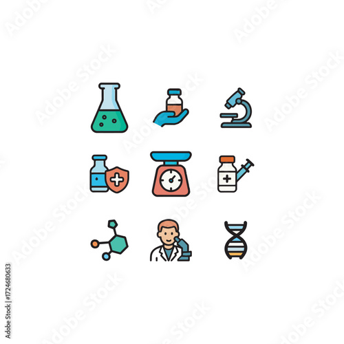 Playful cartoon vector icons with bold outlines for biotechnology and drug development � molecular structure, drug target, DNA strand, chemical flask, test tube, and trial report