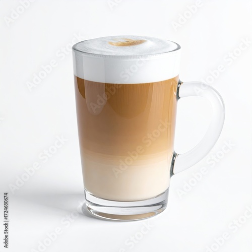 Tall glass mug of layered latte; espresso, steamed milk, and a thick layer of foamed milk on top, set against a bright white background