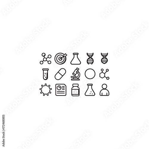 Black and white outline vector icons for biotechnology and drug development � molecular structure, drug target, DNA strand, chemical flask, test tube, and clinical trial report in minimal style