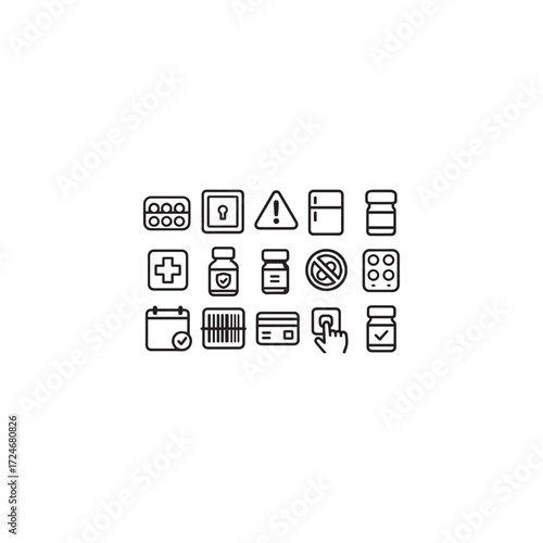Black and white outline pharmacy vector icons for storage and safety � pill organizer, locked cabinet, warning label, refrigerator storage, childproof cap, and barcode scan in minimal style