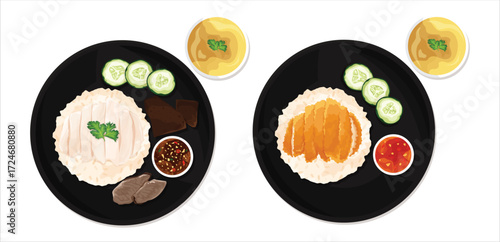 Vector illustration of Thai chicken rice and fried chicken rice served with cucumber, soup, and dipping sauce on black plates.