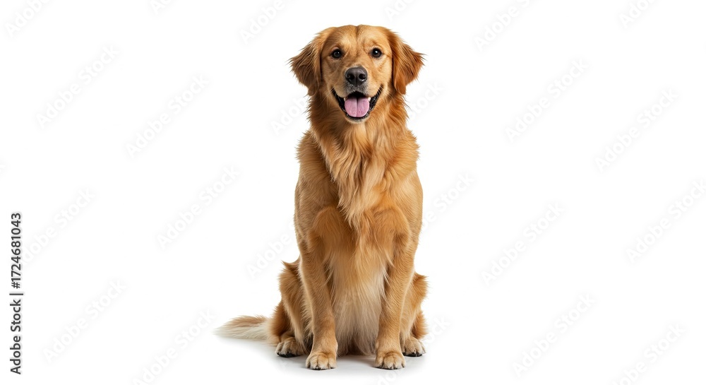 Fototapeta premium A golden retriever sits facing forward with its mouth open against a white backdrop