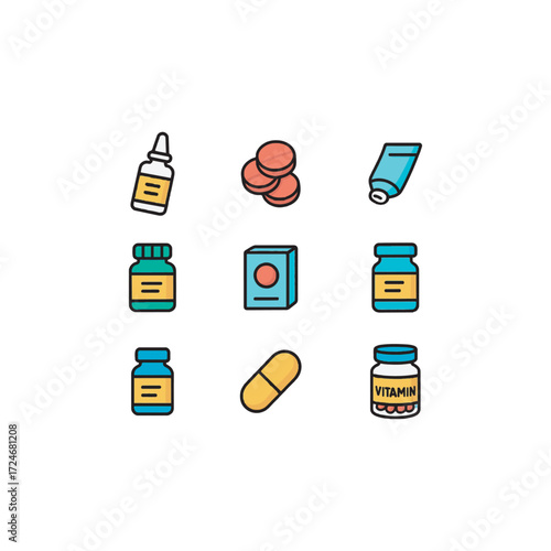 Playful cartoon vector icons with bold outlines for over-the-counter medicine � cough syrup, pain relief tablets, nasal spray, throat lozenges, topical cream, and vitamin jar