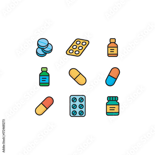 Playful cartoon vector icons with bold outlines for over-the-counter medicine � cough syrup, pain relief tablets, nasal spray, throat lozenges, topical cream, and vitamin jar