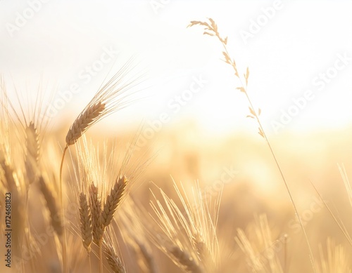 Fototapeta Naklejka Na Ścianę i Meble -  Golden wheat field bathed in warm sunset light, with individual stalks in sharp focus against a softly blurred background