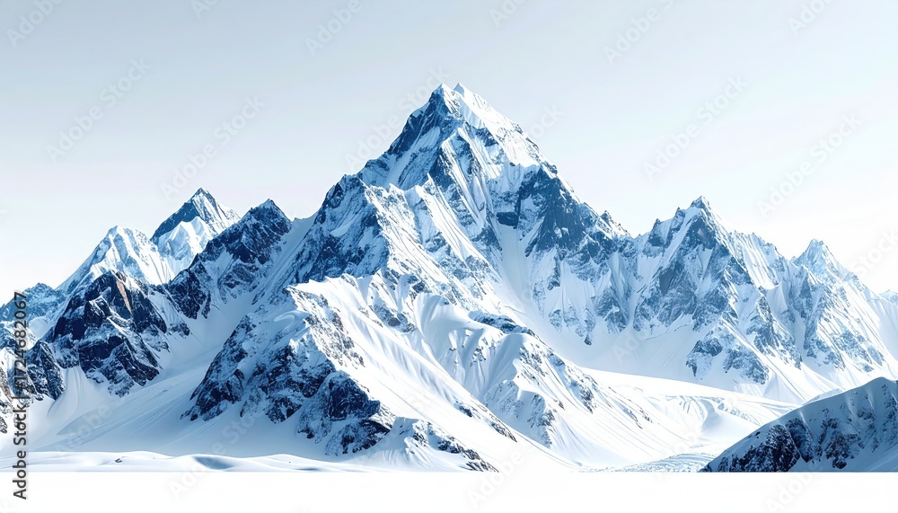 Fototapeta premium Majestic snow-capped mountain range under a pale sky, showcasing sharp peaks, deep valleys, and pristine white snow