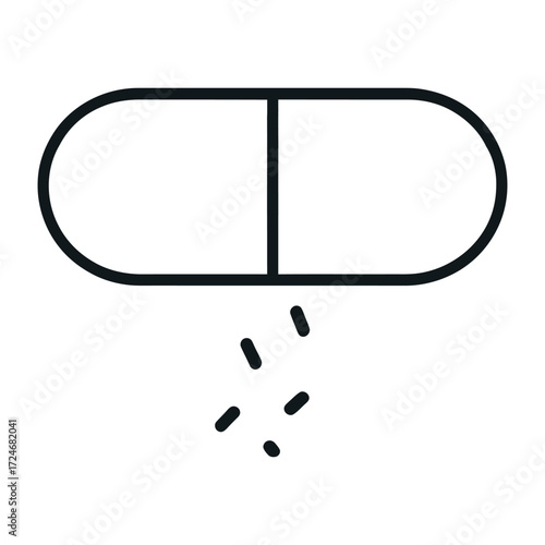 Pill capsule dissolving concept of medication, treatment, and pharmaceutical vector line art illustration of drug, medicine, or supplement