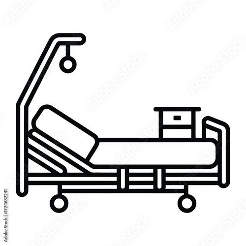 A line art illustration of a hospital bed with a side table, perfect for medical or healthcare designs
