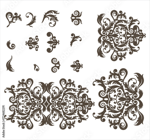 Calligraphic swirl flourish ornaments. Black curly thin lines, filigree ornaments baroque