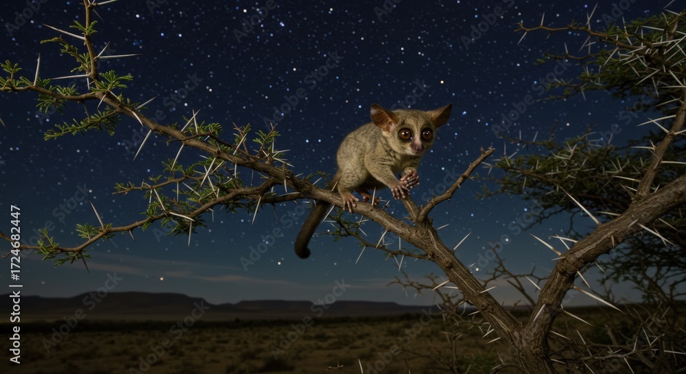 Obraz premium Small nocturnal lemur on a thorny branch at night under a starry sky