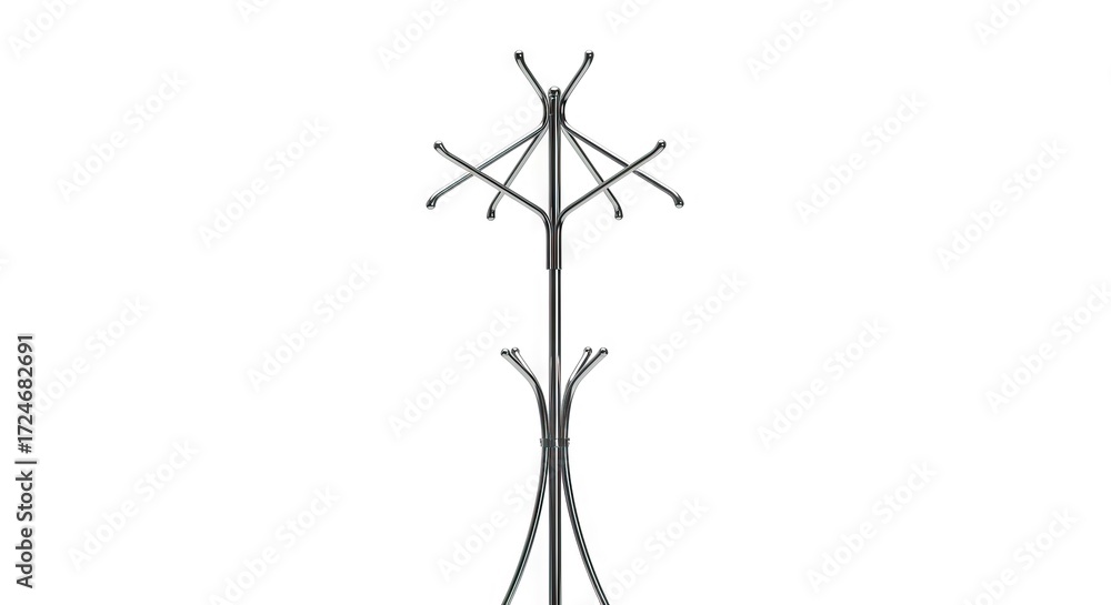 Fototapeta premium A chrome coat rack stands centered against a white backdrop featuring curved arms for hanging items