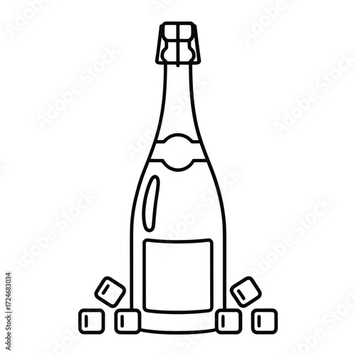 Illustration of a chilled champagne bottle with ice cubes, , representing celebration, luxury, and festive occasions like new years eve