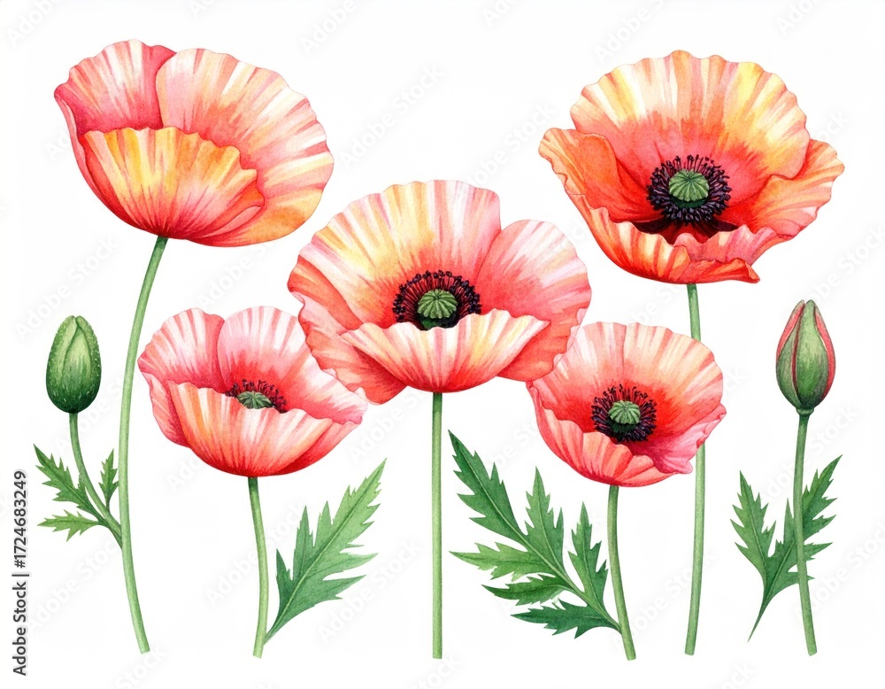 Fototapeta premium Watercolor painting of several vibrant red and yellow poppy flowers with green stems and leaves on a stark white background