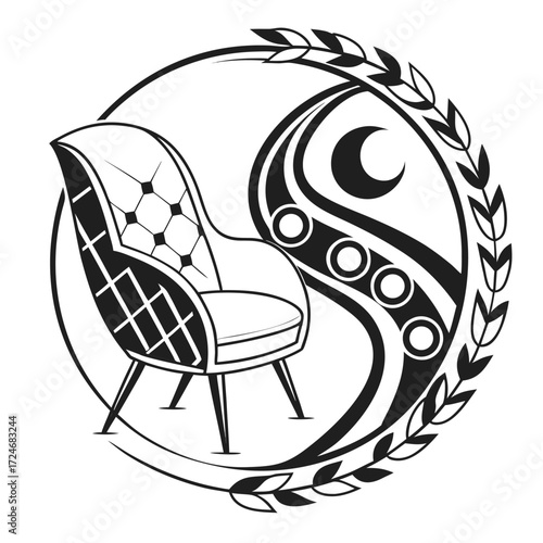 Vector illustration of vintage armchair with yin yang symbol and moon, black and white logo