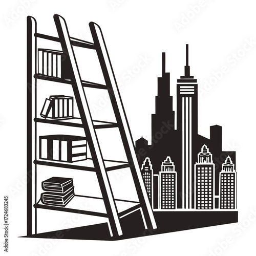 Vector illustration of bookshelf with ladder and new york skyline