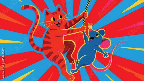 Cat and Mouse Playing Together Illustrator Artwork Banner Background Design Template 
