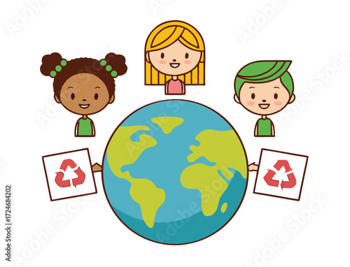 Children standing around the Earth globe promoting environmental awareness and recycling