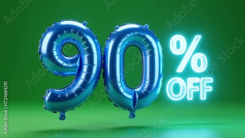 Bright blue balloons with '90% OFF' message, glowing against a vibrant green background, symbolizing a huge discount.