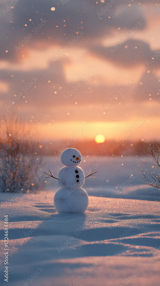 Fototapeta premium Winter wonderland scene snowy field snowman sunset landscape tranquil atmosphere