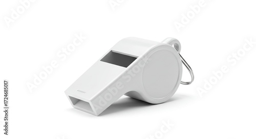 A white plastic whistle with a metal ring against a white background