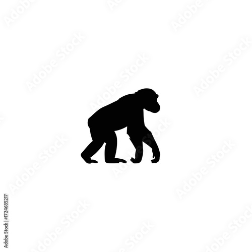Silhouette of a Walking Chimpanzee Detailed Profile View Focus on Animal Form Simple Design Black and White Image.