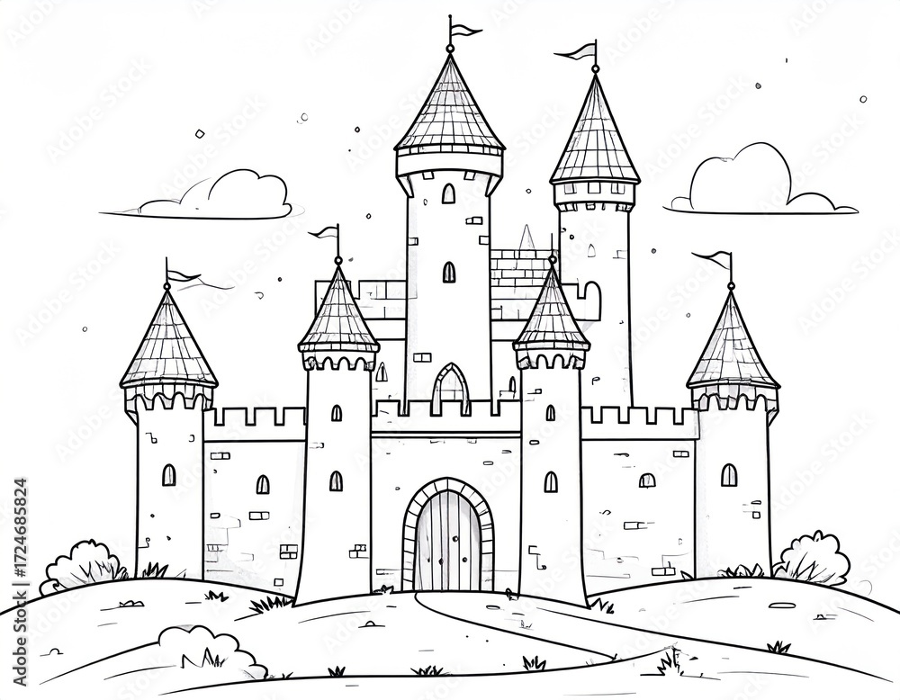 Obraz premium Outlined drawing features a fantasy castle, complete with turrets, flags, arched gate, and simple ground with grassy hills, plus cloud accents