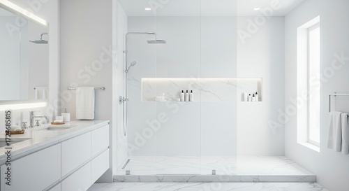 Bright allwhite bathroom interior with marble floor vanity and shower with marblelined niches