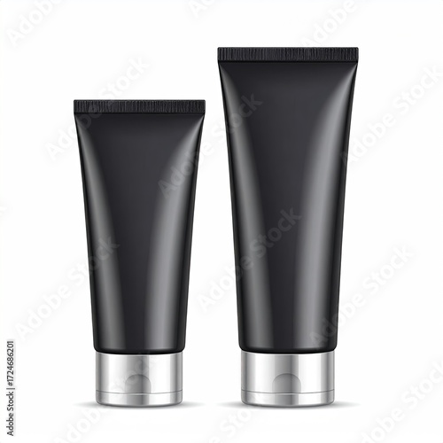 Two matte black cosmetic tubes with silver caps, one larger than the other, isolated on a white background