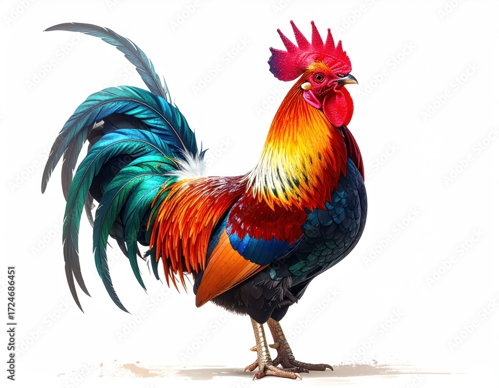 Fototapeta premium Vibrant illustration of a rooster with bright feathers, striking a proud pose against a clean white backdrop. Detailed plumage texture visible