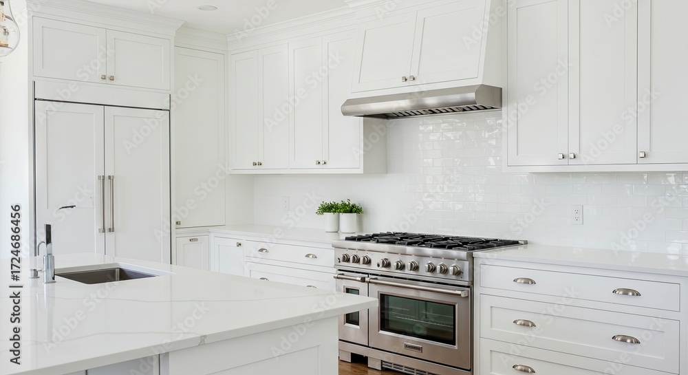 Fototapeta premium Bright kitchen wwhite cabinets stainless steel stove island sink under white countertops